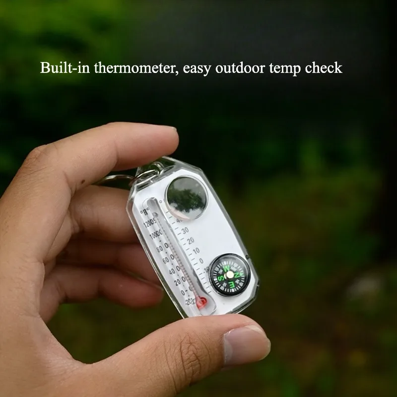 Outdoor Survival Compass Keychain, Portable Mini Compass with Thermometer and Magnifying Glass view 2