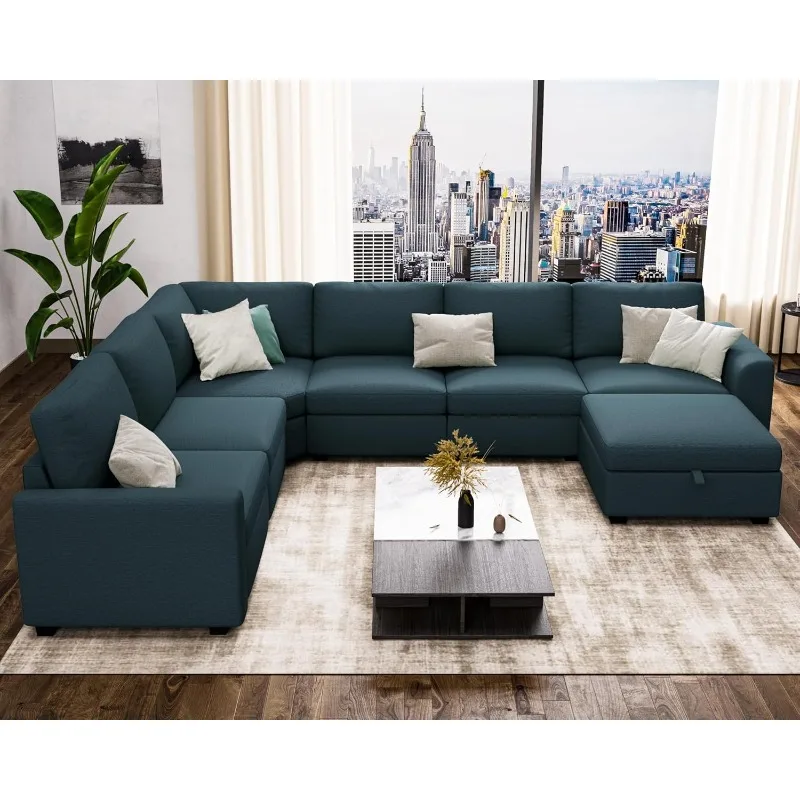 

Диван-диваны для гостиной — 114-дюймовый синий 7-местный модульный L-образный диван с подвижным пуфиком, современный льняной трансформируемый