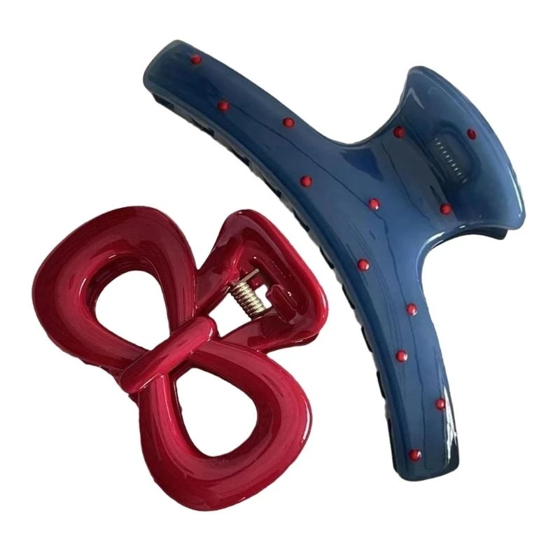 2Pcs/set Vintage Blue Polka Dot Red Bow Hair Clip Shark Claw Clamp Hairpin Barrette Korean Hair Headwear Accessory For Women