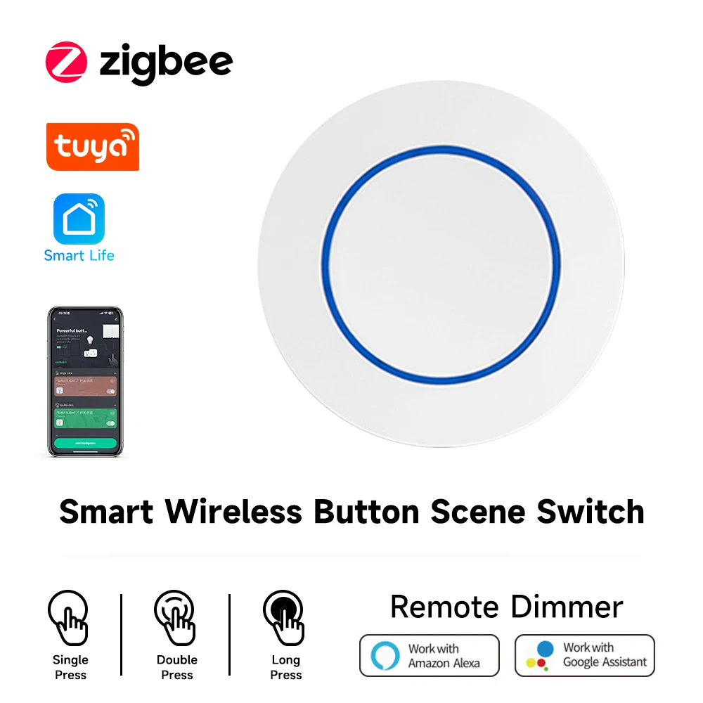 Tuya Zigbee Smart Switch Wireless Wall Push Button Scene Switch Controller Battery Powered Smart Home Smart Life Need Gateway