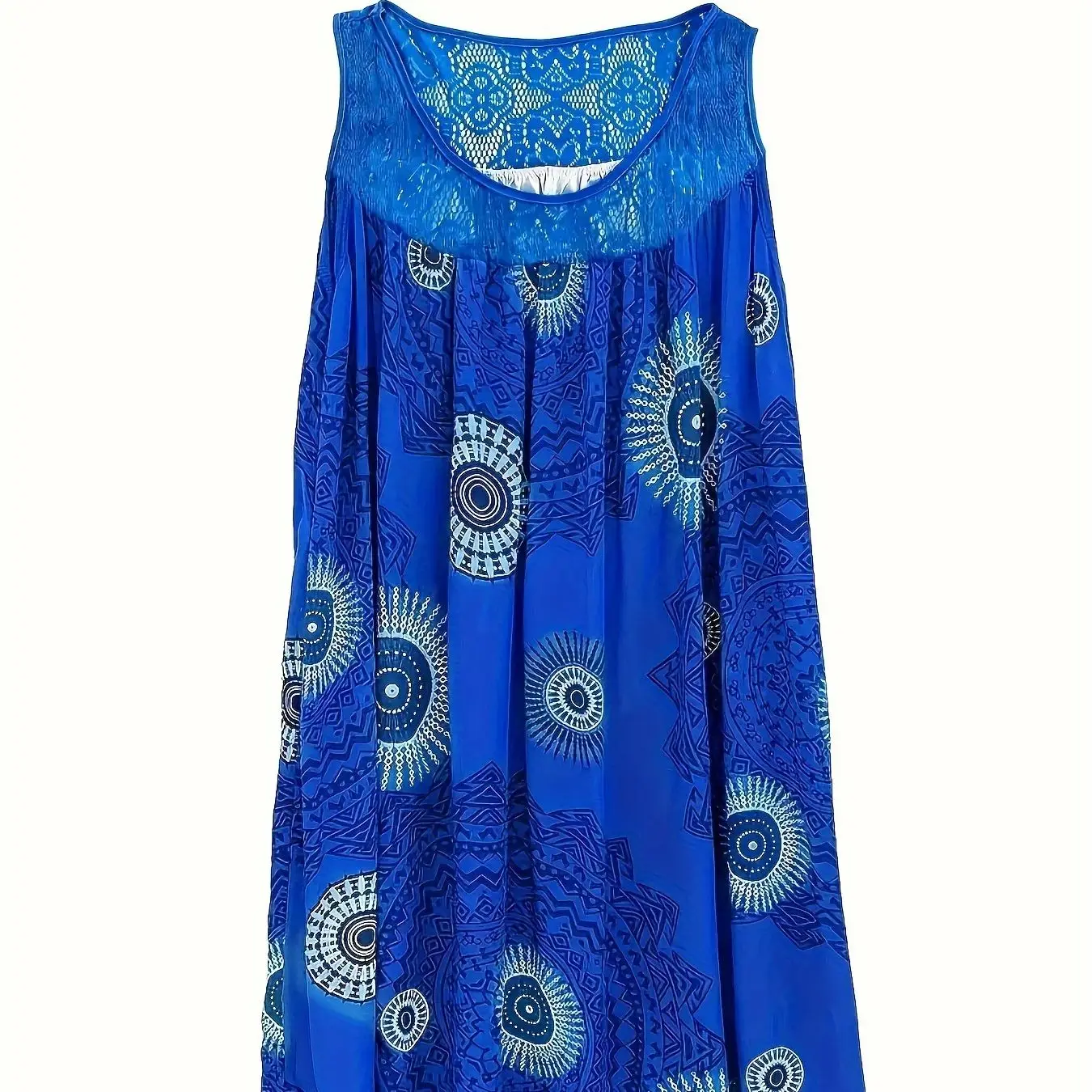 Robe trapèze sans manches à col rond pour femme, grande taille, avec bordure en dentelle contrastée, imprimé floral, longueur aux genoux, décontractée et jolie