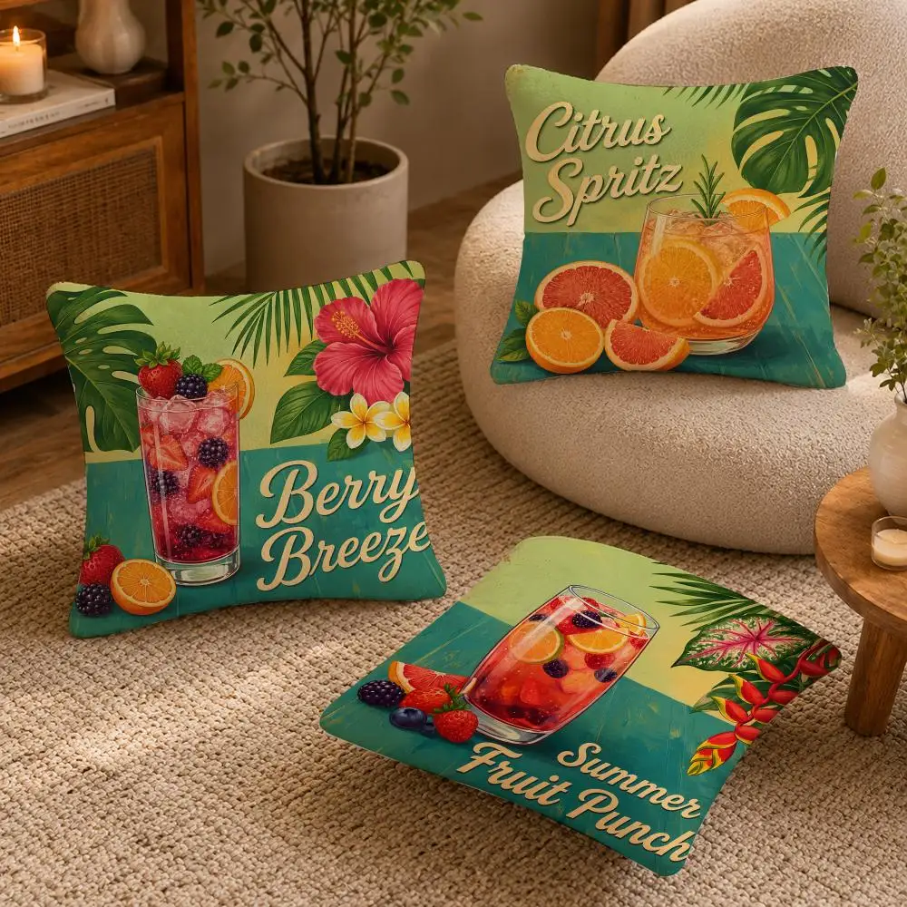 Tropical Style Cocktail Pattern Cushion Cover Soft Short Plush Pillow Case Double Sided Print Washable Sofa Bed Home Decor Gift