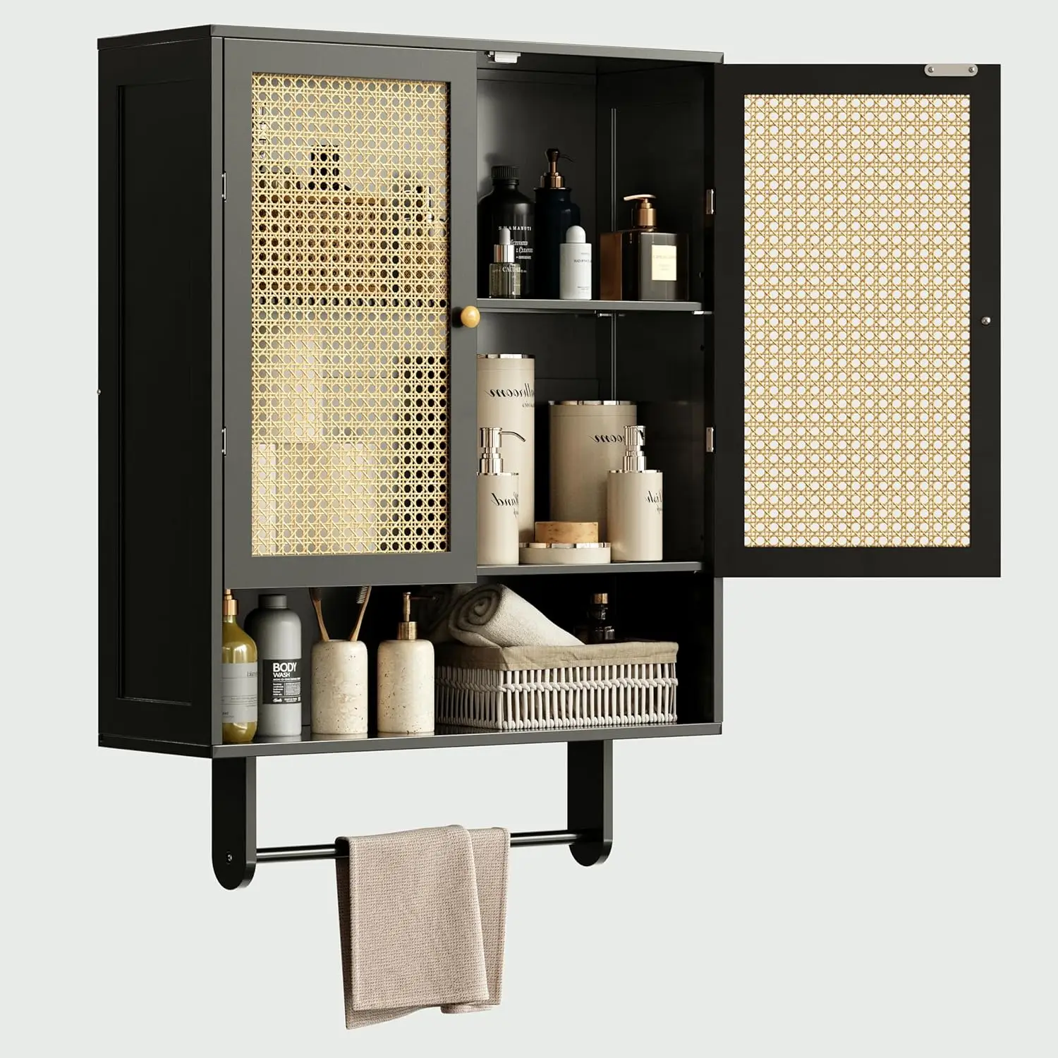 

Bathroom Wall Cabinets, Bamboo Medicine Cabinets With Adjustable Shelves, Wall Mounted Bathroom Storage Cabinet, 2 Doors Over
