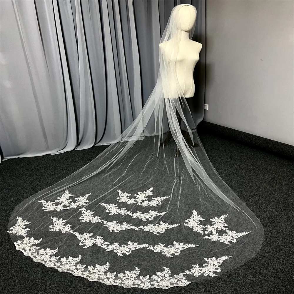 Voile de mariage long luxueux avec peigne, tulle cathédrale à une couche, voile de patients, bord en dentelle pour les mariées, blanc et ivoire