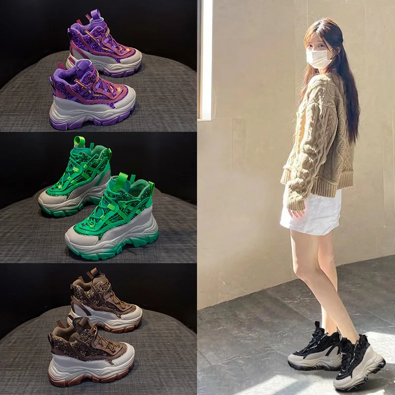 2025 Women's Hidden Wedge Sneakers 8.5CM Sole Chunky Platform Shoes Glitter Casual Fashion Thick Sole Walking Shoe Winter