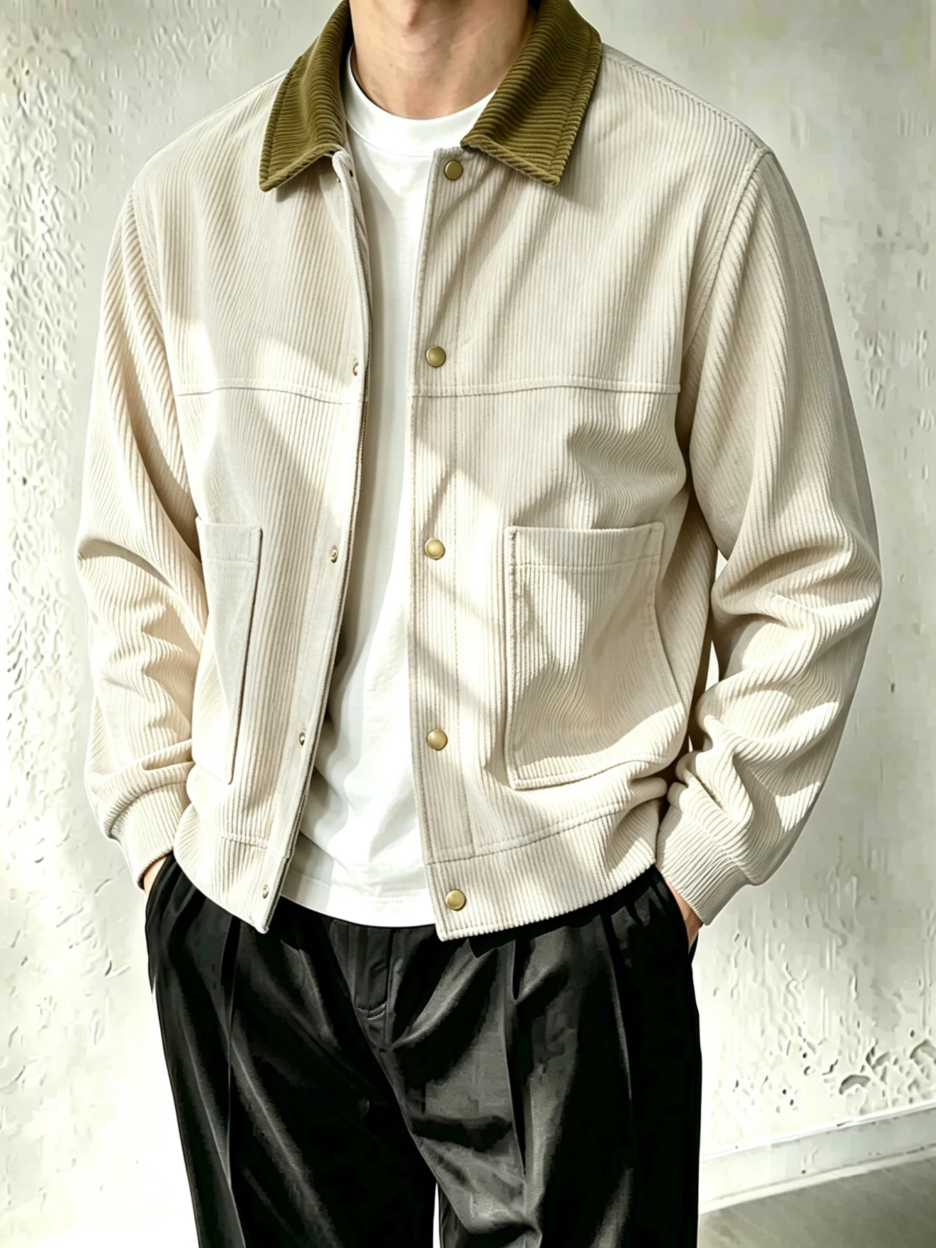 Men Corduroy Jacket Contrast Collar Button Down Chest Pocket Loose Casual Trucker Coat Autumn Outerwear