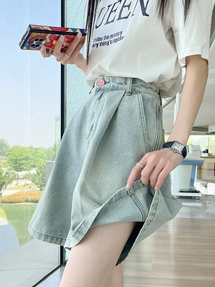 

High Waist Denim Shorts Women's Summer Thin Loose Slimming Hip Covering A-Line Wide Leg Pants Casual Mid-Length Jeans