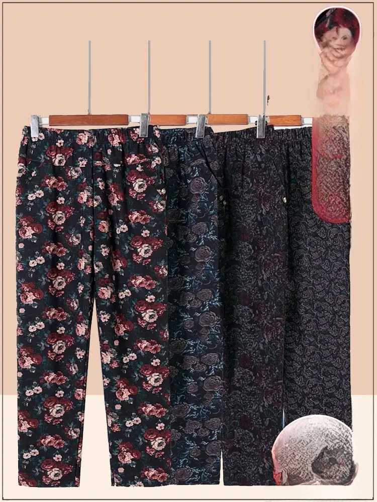 plus Size Women\'s Fleece Lined Elastic Waist Straight Leg Pants Autumn Winter Warm Trousers for Middle Aged And Elderly Ladies