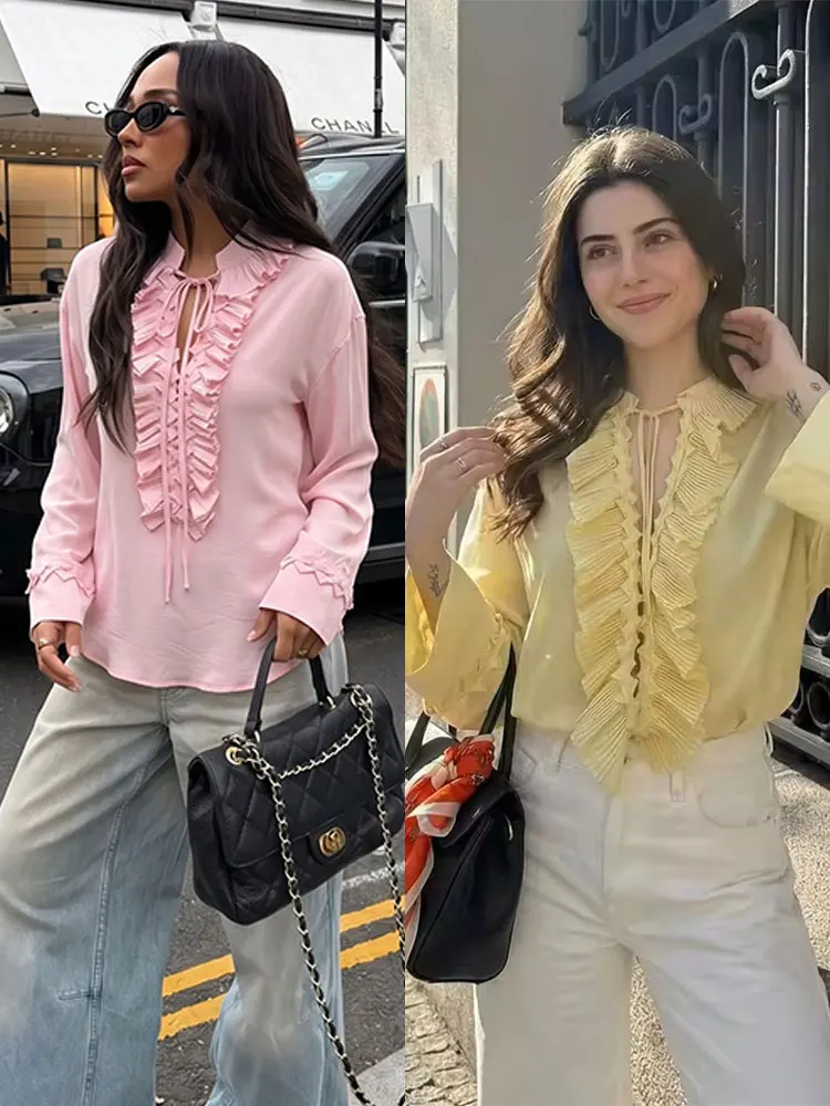 

HH Elegant Womens Retro Ruffle Blouse Pleated for Classic Style Casual Daily Office Wear Vintage Outfits Fashion Y2K Streetwear
