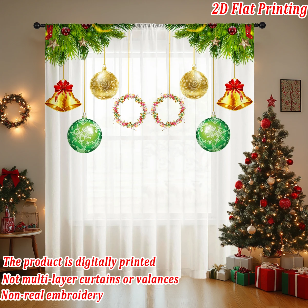 Christmas Flat Printing Sheer Curtain with Christmas Ball Garland Bell Pine Branches for Living Room Bedroom Decor Holiday Party