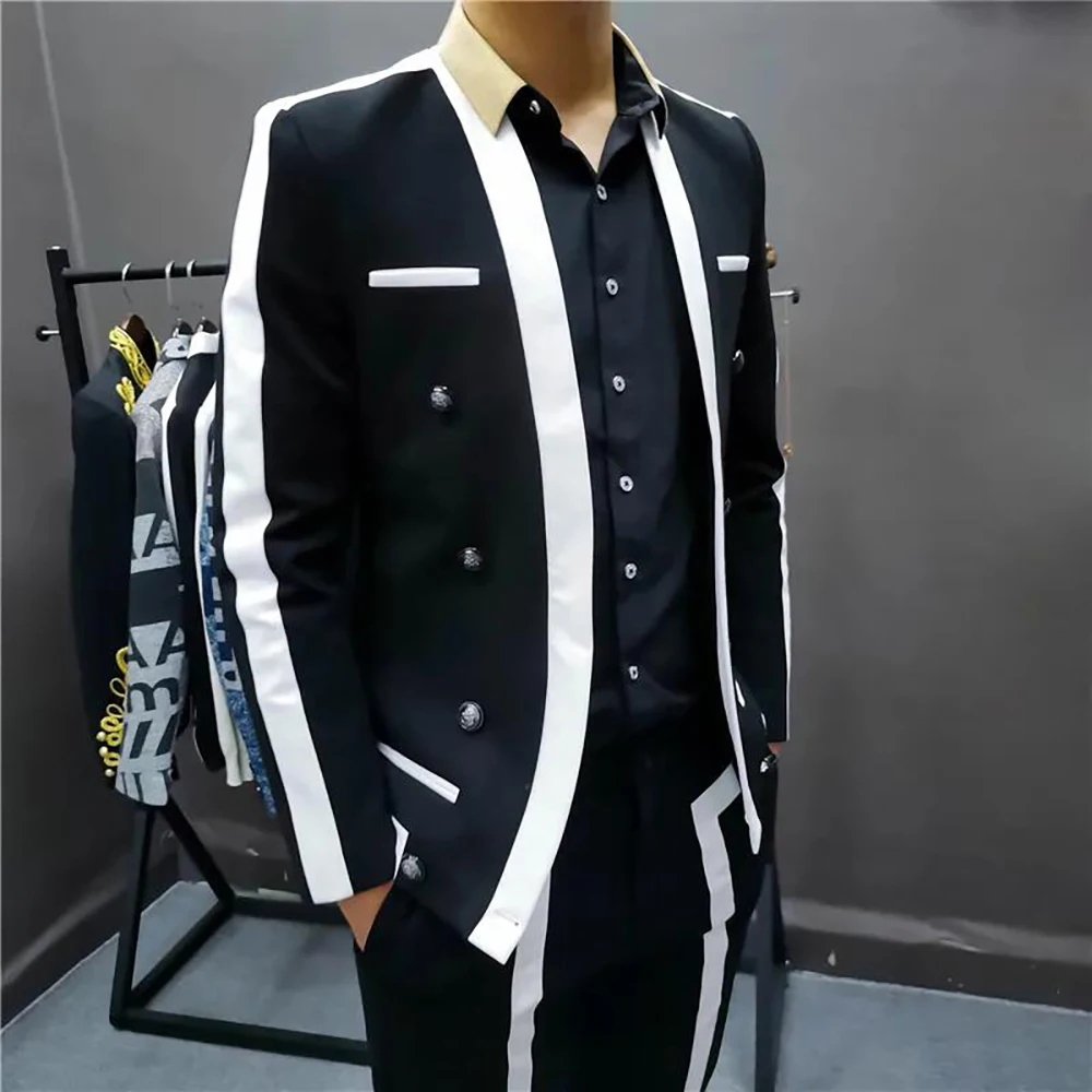 Trajes De Hombre Contrast Stripe Black White Suit Male Wedding Groom Suit Spring Disguised Men Slim Stage Outfit Men Party Suit