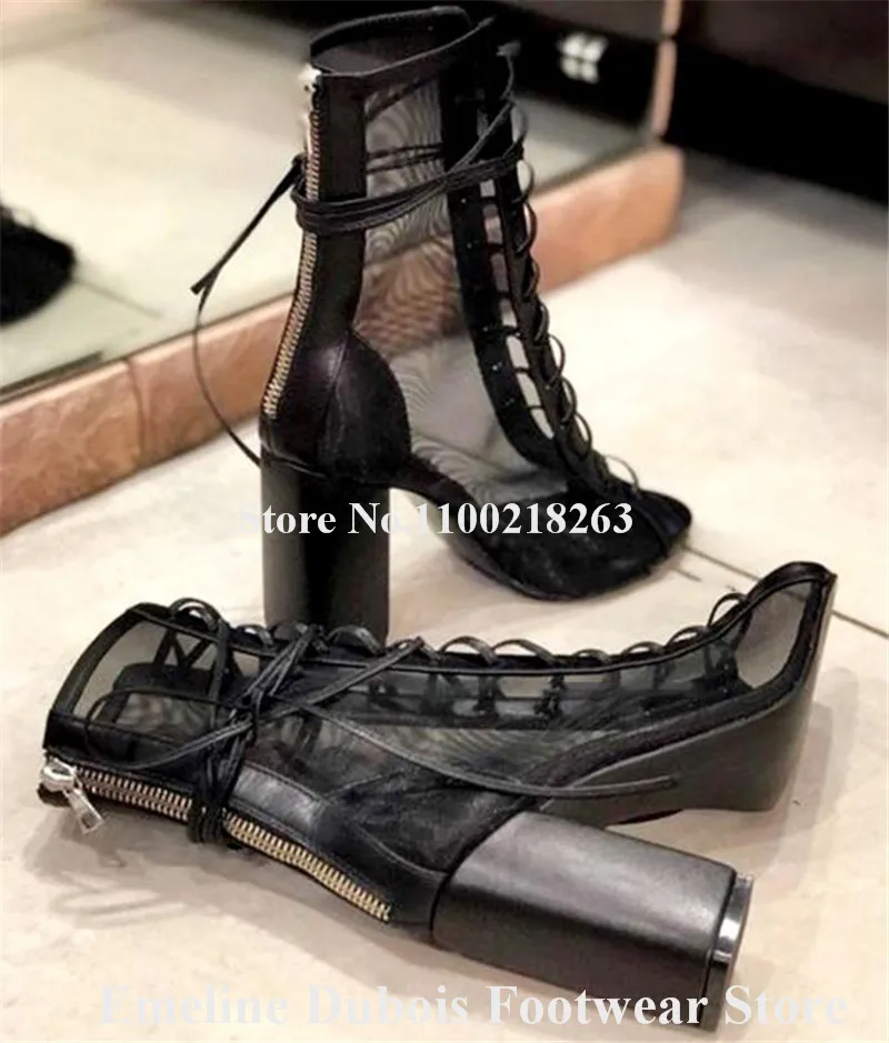 Black Mesh Chunky Heel Short Boots Emeline Dubois Peep Toe Lace Patchwork Thick Heel Ankle Booties Sexy Lace-up Party Dress Heel