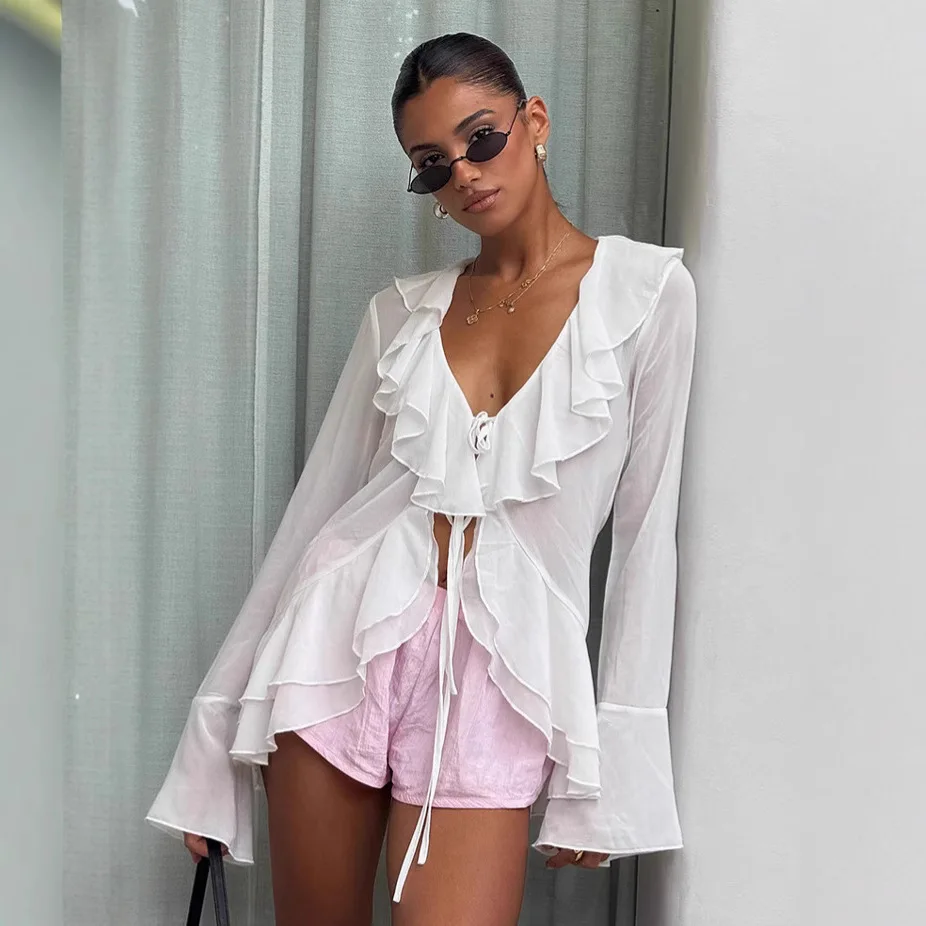 Jesienna francuska bluzka szyfonowa w stylu commuter, kobieca moda, dekolt w serek, wiązana, długi rękaw, odzież damska