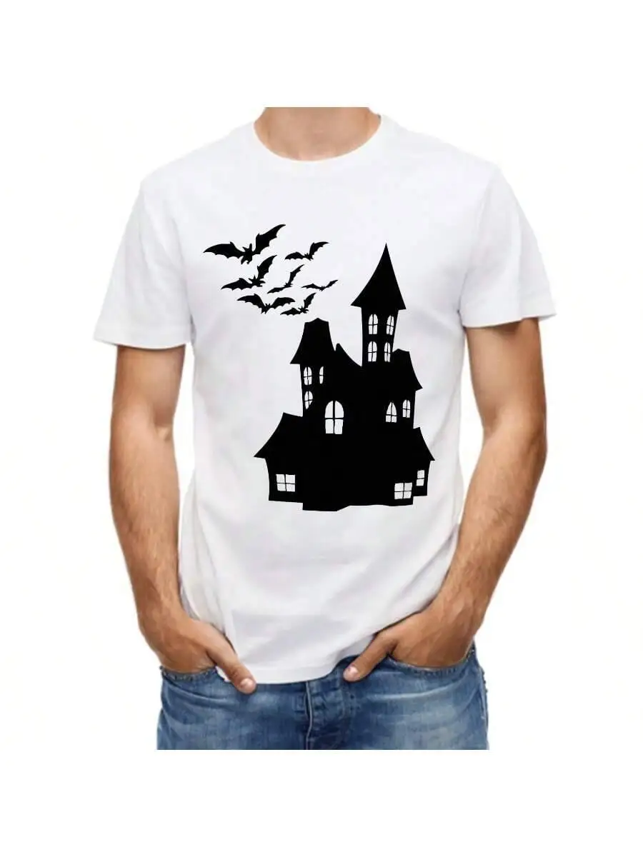 Printed Graphic Short Sleeve Crew Neck T-Shirt, Men's Tee For Outdoor 100% Cotton Trendy Y2K Short-Sleeve Tee-Soft,