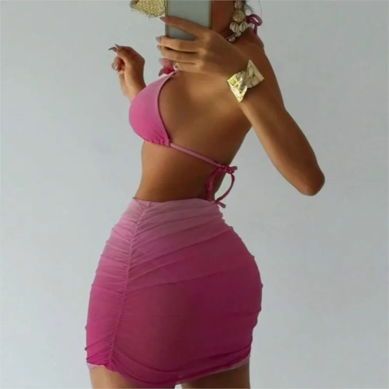 2026 Flower Bikinis Sets Bikini Vacation Outfits Woman Moda Praia Feminino Temperament Beachwear Gradient Bodycon 3 Pieces Set