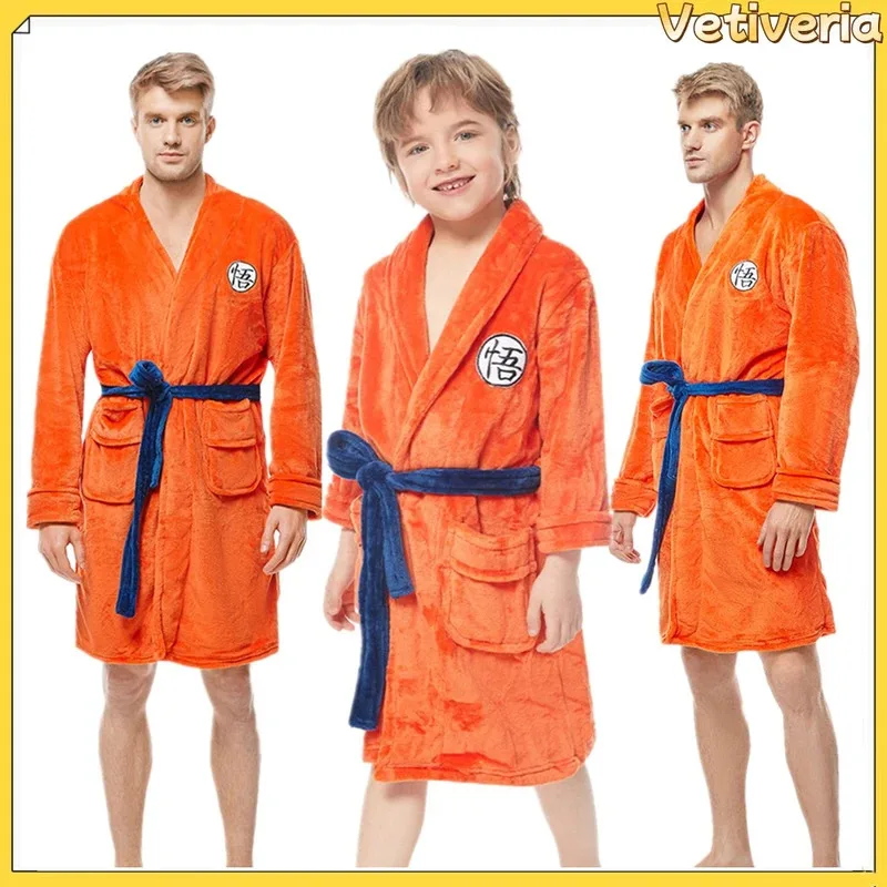 Adult Kids Goku Cosplay Bathrobe Orange Bath Towel Costume Pajamas Robe Belt Outfits Halloween Carnival Party Men Boy Anime Suit