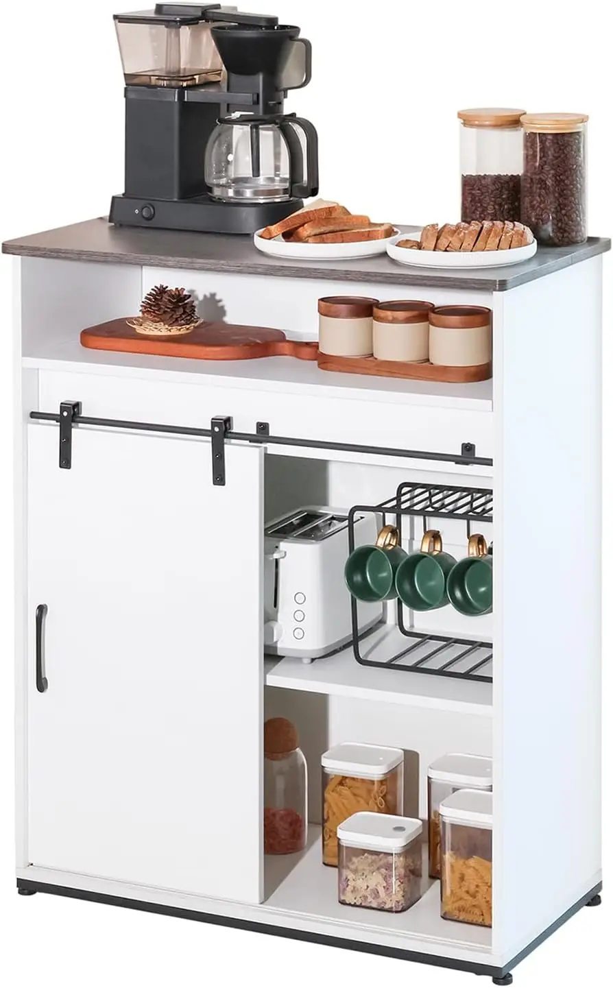 Mueble/mesa para cafetería, aparador tipo buffet de 32" con puerta corrediza de granero y estantes de almacenamiento, cocina de madera de granja