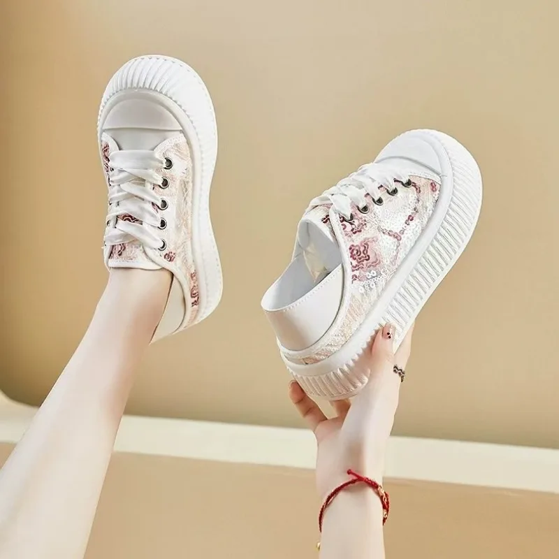 2024 Summer New Breathable Mesh Women's Shoes Lace Casual Shoes Low Cut Hollow Platform Sneakers Zapatillas Mujer