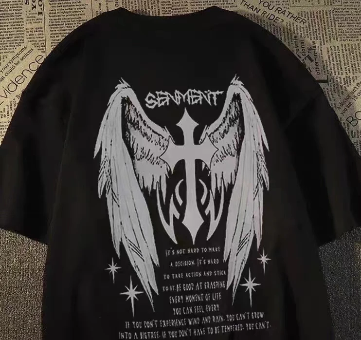 Loose Trendy Summer Hip-hop T-shirt Cross Wing Print 100% Cotton Cool Fashion Comfortable Adult Men's Daily Wear Soft Breathable