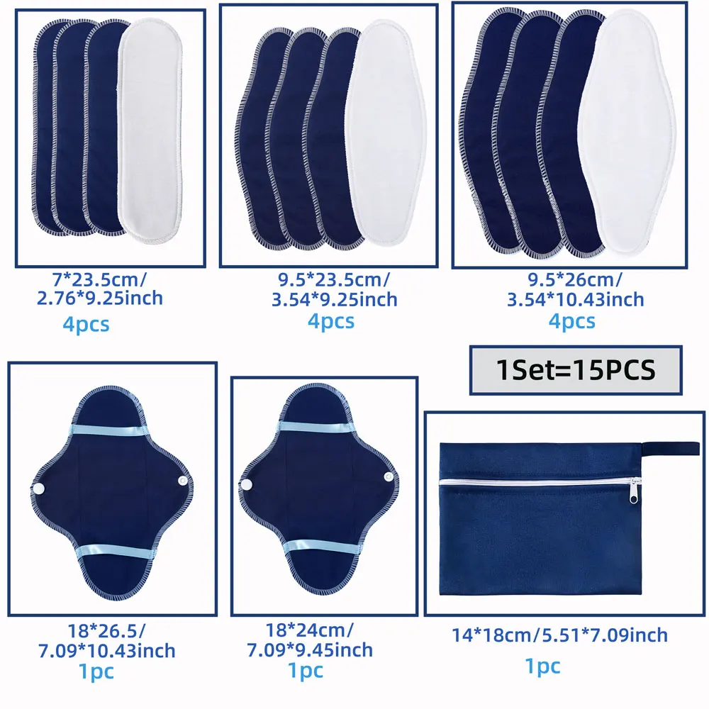 15Pcs Washable Reusable Menstrual Cloth Pads Set Eco Friendly Leak Proof Absorbent Period Pads With Wet Bag For Postpartum Women