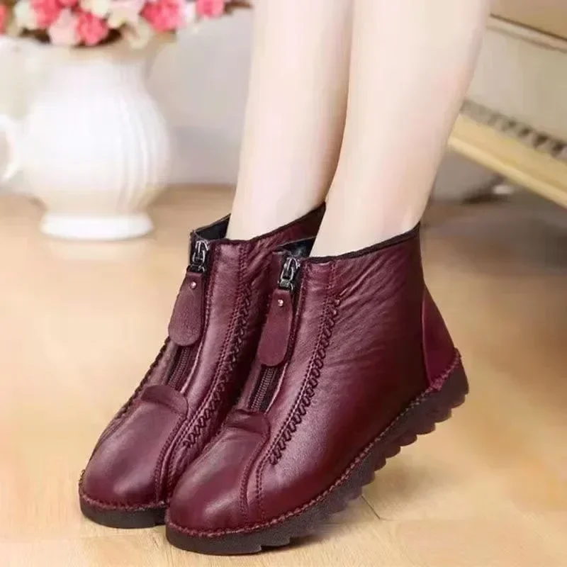 Warm Women\'s Boots Winter Women Leather Shoes Zipper Ankle Woman Boots  Round Toe Flats Plush Snow Ankle Boots Bottine Femme 202