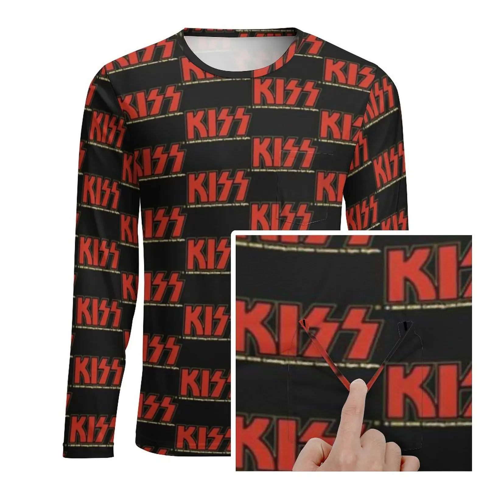 Kiss Band Logo T Shirt With Pocket Kiss Fan Art Fashion T Shirts Male Streetwear Tee Shirt Long Sleeve Clothes Large Size 5XL