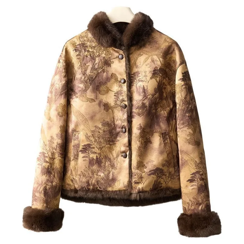 

2025 Autumn and Winter Chinese Style New Stand Up Collar Rabbit Fur Fur Coat Fashionable Temperament Double-sided Top for Women