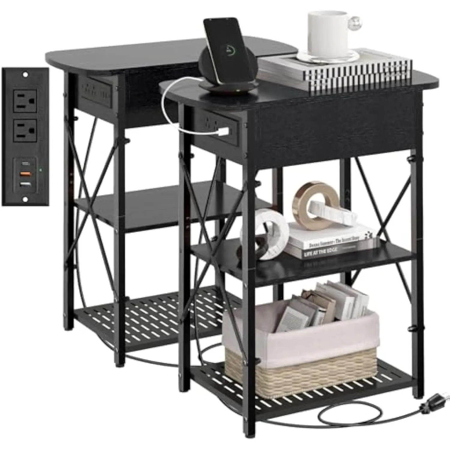 

Narrow Side Table with Charging Station, End Tables Set of 2 for Small Spaces, Flip Top End Table with Storage, Black End Table