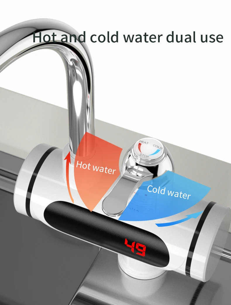 3000W Instant Hot Water Heater Faucet, 3S Fast Heating Electric Tap with LED Digital Temperature Display, Hot & Cold Dual Use view 5