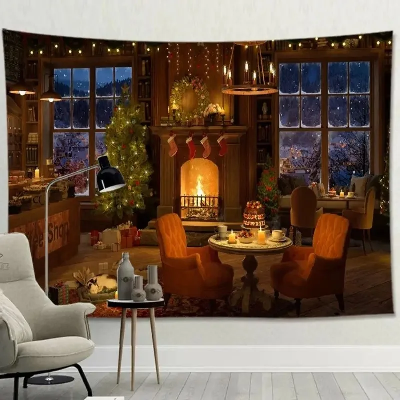 VIKAMA Christmas Coffee House Wall Tapestry Fireplace Xmas Tree Snow Night Wall Hanging Backdrop for Bedroom Holiday Decor