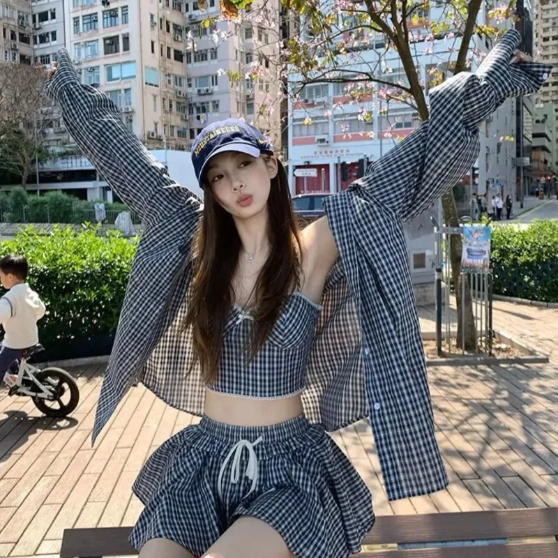 

Свободный ленивый возрастной топ, повседневный костюм для женщин, летняя корейская шикарная клетчатая рубашка с длинными рукавами, солнцезащитная рубашка с высокой талией, короткая юбка