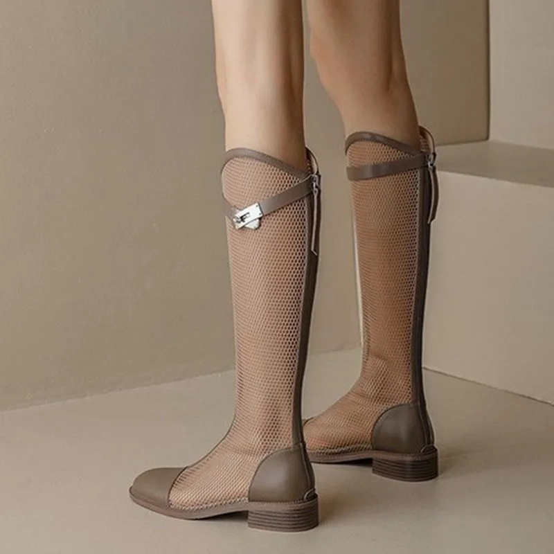 2024 Summer Women Knee-high Mesh Bota mouth Breathable Net Knight Boots Thick Bottom Hollow Shoes Chunky Low Heel Femininos