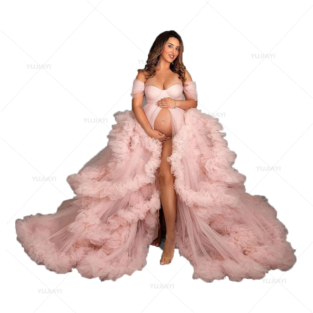 Vestidos de maternidad con volantes escalonados para sesión de fotos, una línea, hombros descubiertos, batas de mujer embarazada, ropa de dormir nupcial con abertura frontal para Baby Shower