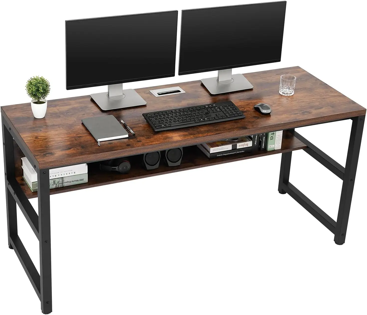 TOPSKY Computer Desk with Bookshelf/Metal Hole Cable Cover 1.18" Thick Desk (Rustic Brown, 63")