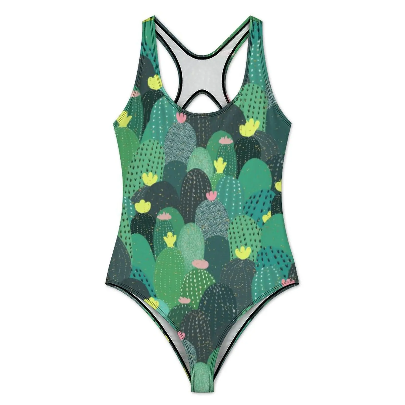 Tropical Print Swimsuit Sexy Green Teal Cactus One-Piece Swimwear Push Up Bodysuit Korean Fashion Holiday Swim Bathing Suit