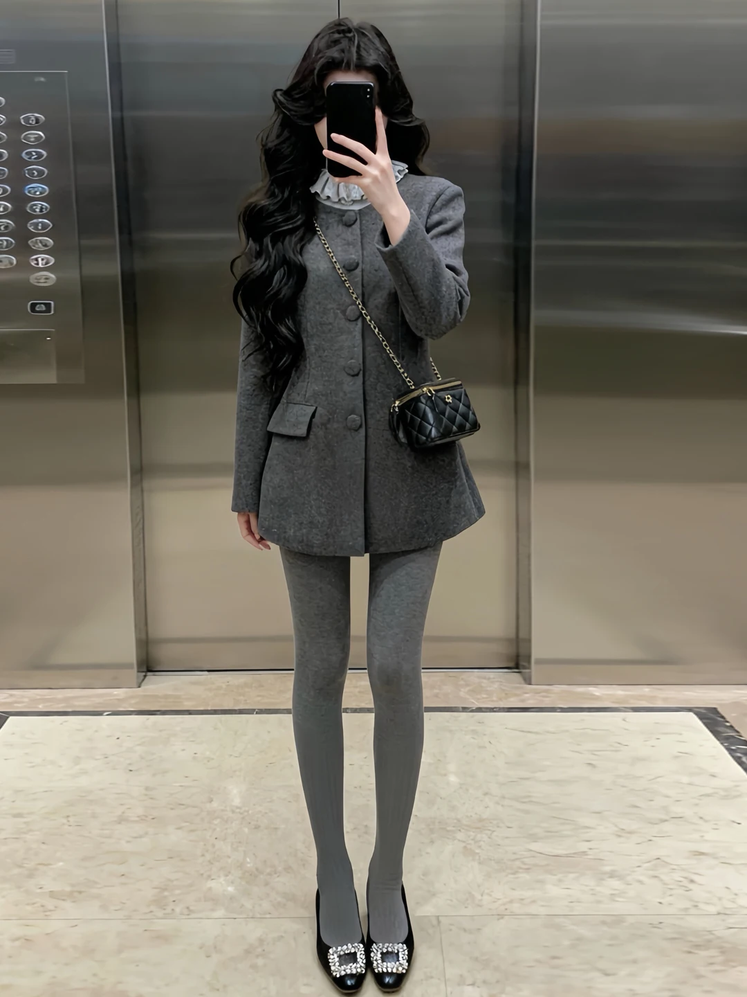 

Korean Style Women's Woolen Suit Jacket Autumn Winter Belted Commute Long Coat Single Button Grey Color Fashionable Business