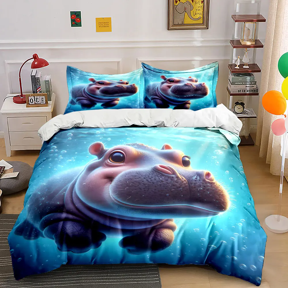 

Adorable baby hippo underwater Print Bedding Set 1 Duvet Cover 2 Pillowcases for Adult and Children Luxury Gift Full Size