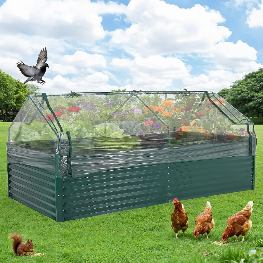 Galvanized Raised Garden Bed for Vegetables and Flowers: Rectangular Kit with Zippered Screen Cover, Open Base, Thick Steel, Ea