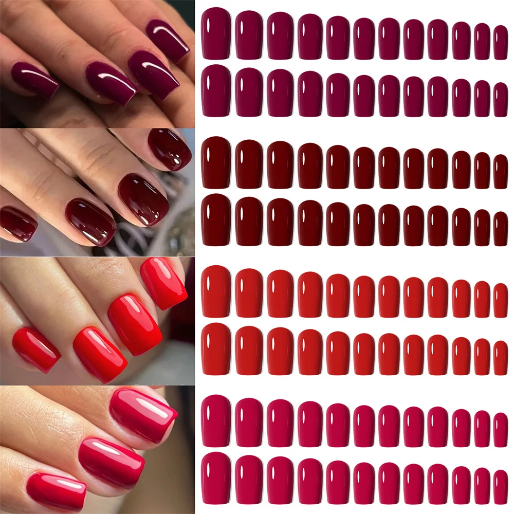 96Pcs New Year Valentine's Day Red False Nails Tip Medium Square Full Cover Fake Nail 4Color Boxed Glossy Nail Armor For Wearing