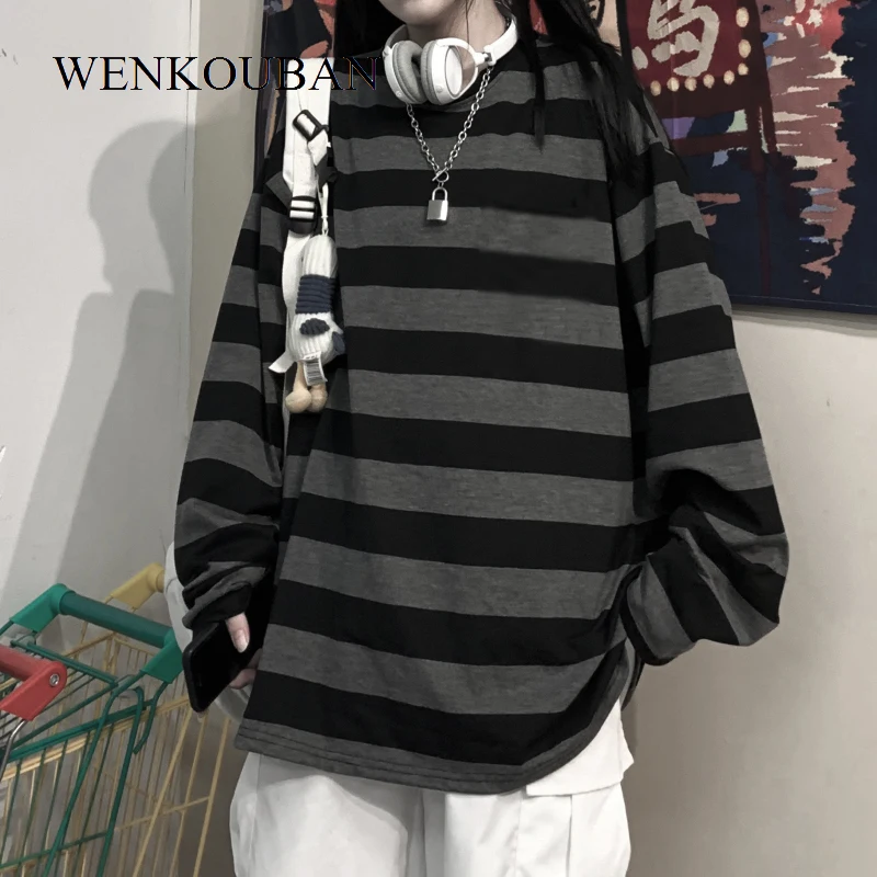 Harajuku Striped Shirts Women Long-Sleeved Spring Loose Cotton T-Shirt Gothic Dark Top Emo Oversized Hippie Couple Blouse