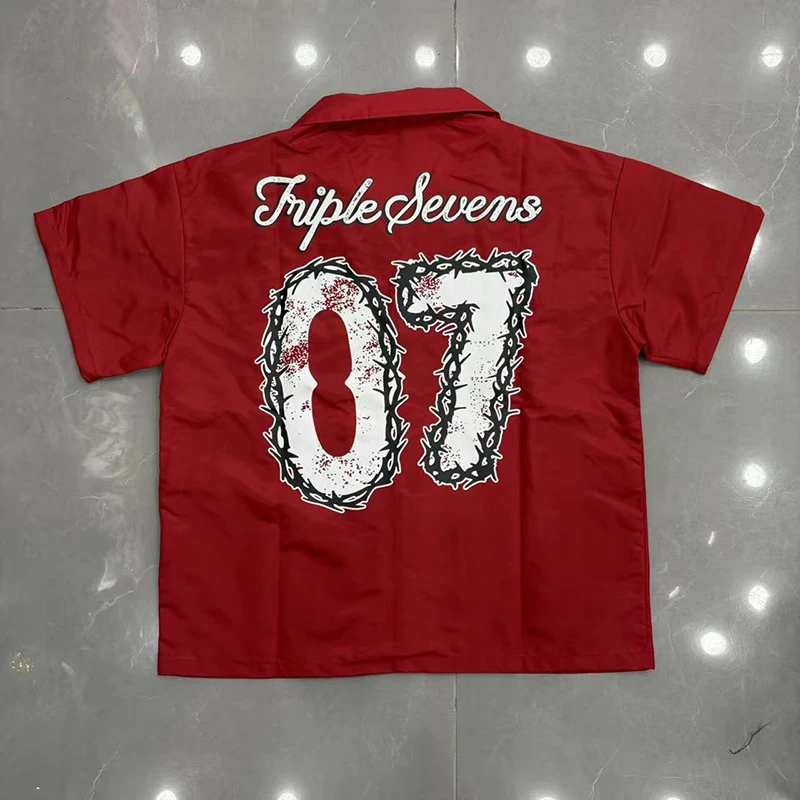 

American High Street TRIPLE SEVENS Men's Shirt Streetwear Summer Embroidery Print Short Sleeve Shirt