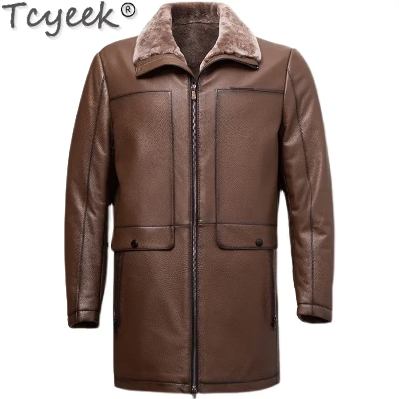 Tcyeek-chaqueta de cuero genuino para hombre, abrigos de piel de vaca Real informales de negocios, chaquetas de lana cálidas gruesas, ropa de invierno, abrigo