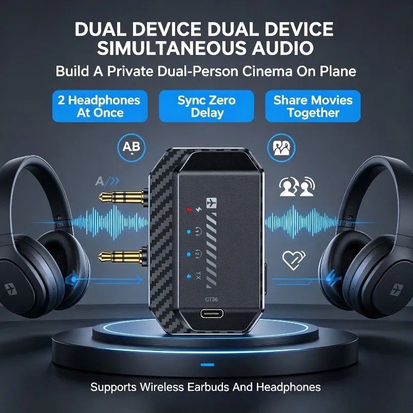 Bluetooth 6.0 Transmitter For Nintendo Switch GT36 Dual Link aptX Low Latency Wireless Audio Adapter For TV Airplane 3.5mm LED