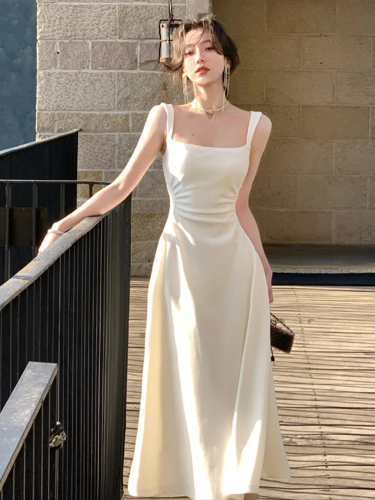 Sleeveless Dresses Women Solid Defined Waist Mid-length Gentle Stylish Temperament Elegant French Style Fashion Summer Vestidos