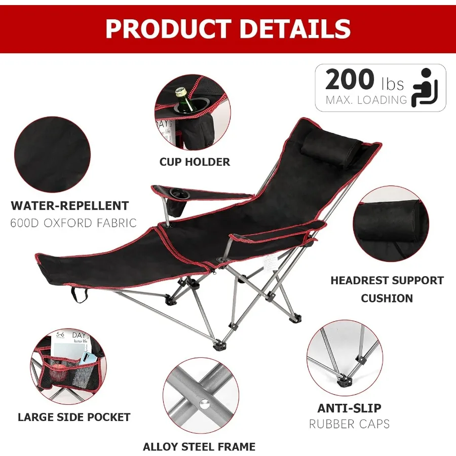 كرسي تخييم قابل للإزالة بمسند للقدمين، عبوة واحدة باللون الأسود مثالي للمغامرات الخارجية والنزهات والاسترخاء في الشاطئ أو Pa