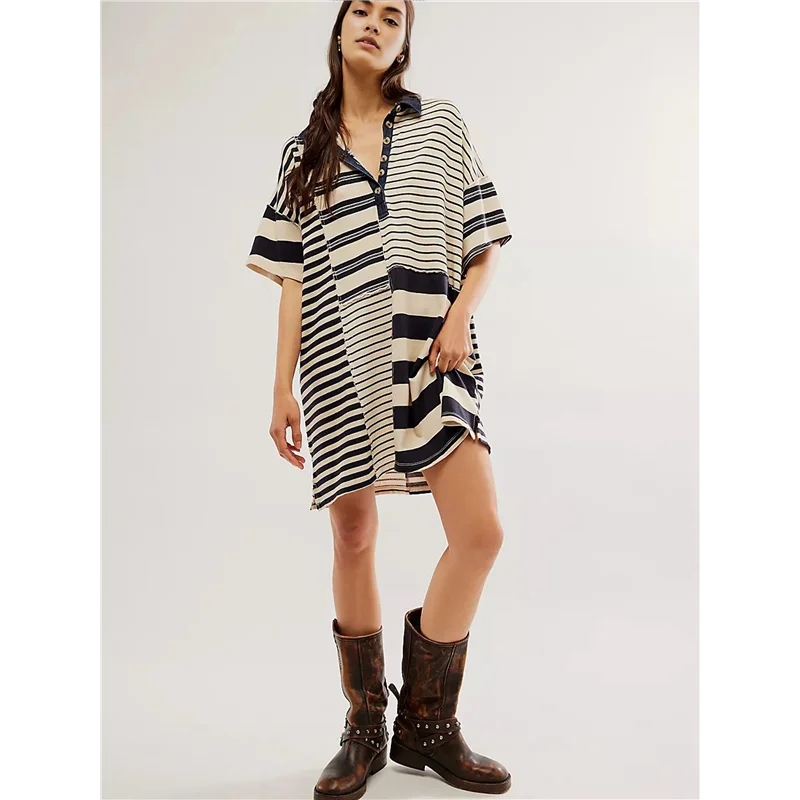 FX-Women コントラストストライプベビードール Y2k 夏パッチワーク T シャツドレスヴィンテージ V ネック半袖ドレス
