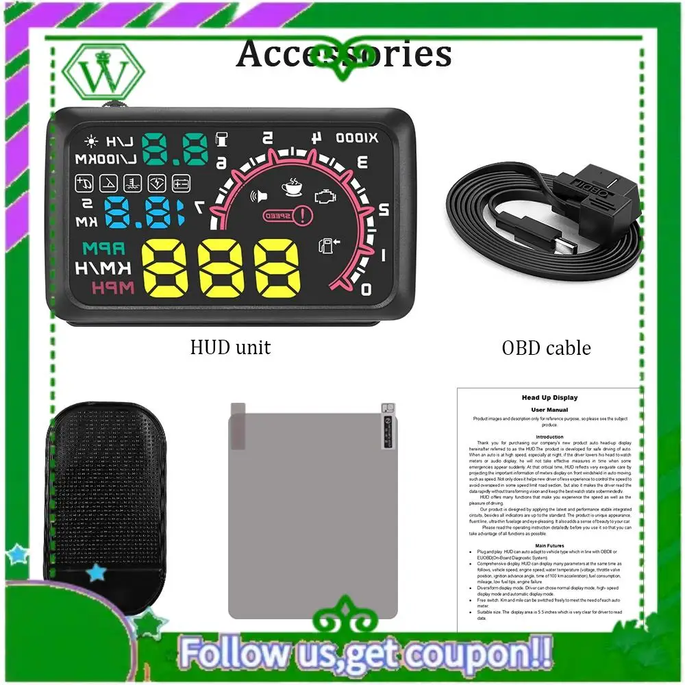 AC34-Multi-Function Car 5.5 Inch Hud Head Up Display Speeding Fuel Warning Windshield Projector System With Obd2