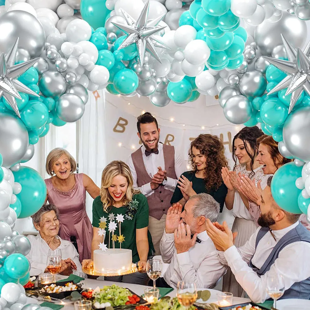 Blue-Green Silver-White Balloon Garland Arch Kit, 1812 10 5inch Blue-Green Balloon with 3-Piece Star Aluminum Foil Balloons for Birthday, Wedding