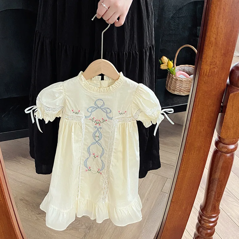 Summer Stand Up Collar Temperament Short Sleeved Children's Princess Kids Dresses for Girls Bow Embroidery Lace Girls' Dress