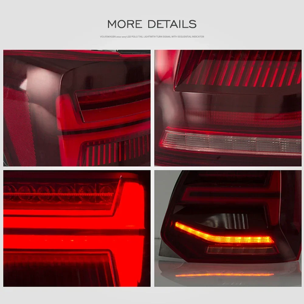 2 unidades de luces traseras LED con certificación E-mark para Volkswagen VW Polo MK5 6R 6C Hatchback 2011-2017. Lámpara trasera con certificación E-mark, luz de freno, luz de marcha atrás, luz de circulación diurna (DRL) con intermitentes secuenciales dinámicos. Reemplazo directo, conexión sencilla, resistente al agua IP67, kit de mejora para automóviles. 2 unidades.